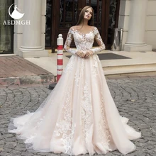 

Aedmgh A-Line Wedding Dresses 2022 V- Neck Long Sleeve Court Train Vestido De Novia Charming Appliques Empire Robe De Mariee