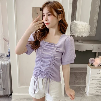 

COIGARSAM Short Sleeve blouse women New Summer Chiffon O-Neck blusas womens tops and blouses White Purple Green 1538