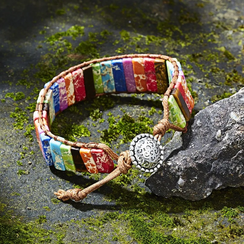 

7 Chakra Bracelet Handmade Multi Color Natural Stone Tube Beads Leather Wrap Charm Bracelet for Yoga Jewelry Prayer Spirit Gifts