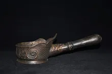 

12"Chinese Folk Collection Old Bronze Cinnabar Lacquer Wooden handle Iron Animal head statue Office Ornaments Town House Exorcis