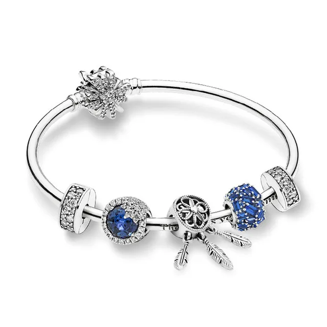 

100% 925 Sterling Silver ZT0208 Flashing Ice Crystal Winter Bracelet Set 797746NSBL Blue Chiselled Elegance Charm Jewelry