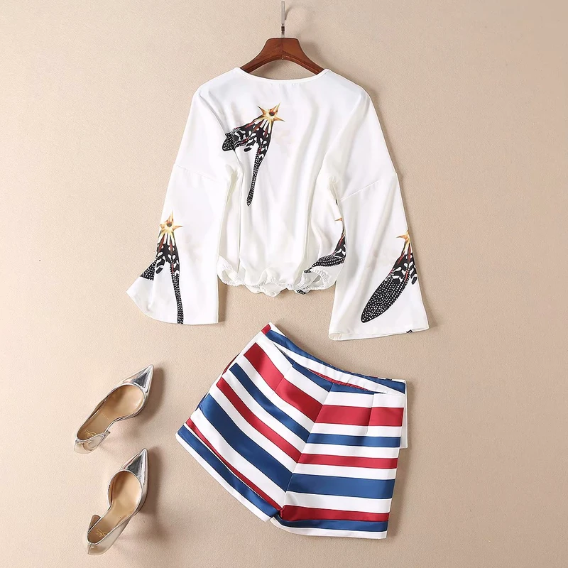 New 2020 Spring Summer Fashion Runway Designer Two Pieces Sets Women Long Sleeve Striped Waist Print Blouses + Shorts Suit |