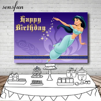 

Sensfun Aladdin Princess Jasmine Backdrop Purple Theme Gold Happy Birthday Text Girls Party Photography Backgronds Photocall