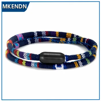 MKENDN Surfer Bracelet For Men Women Black Magnet Buckle Waterproof Cotton Bracelet Handmade Boho Summer Festival Jewelry Gift