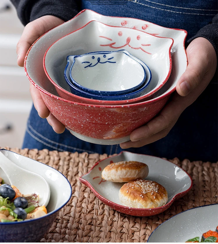 8 дюймов мультяшная миска для котенка, керамическая миска для лапши, большая миска Ramen, столовая посуда для ресторана Maneki Neko Cat, миска для супа