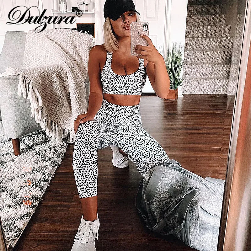

Dulzura 2019 autumn winter women two piece set crop top co ord set outfit tracksuit activewear sexy leopard fitness clothes