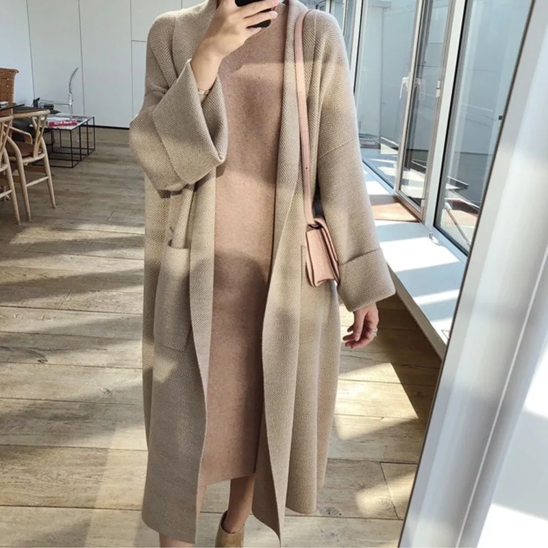 Best Price 2019 Autumn Winter New Women's Long Cardigan Knitted Sweater Korean Elegant Solid Color Pocket Long Sleeve V-Neck Female Coats