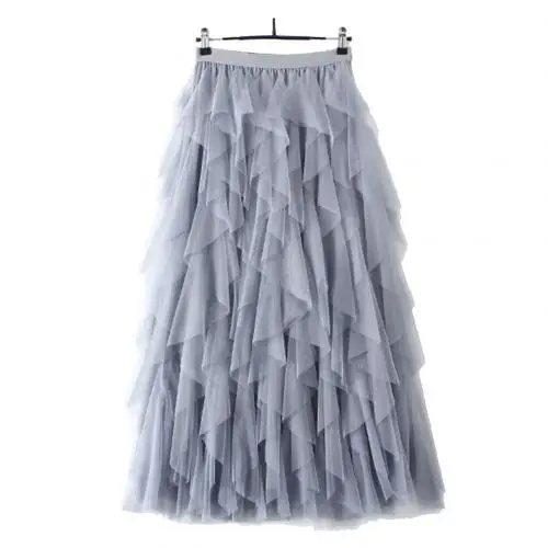 Grey Saias midi para as mulheres Принцесса Фея для женщин Высокая талия Нерегулярные Многослойные Тюль Макси торт юбка - Цвет: Grey