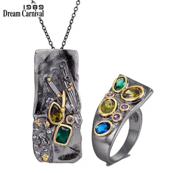 

DreamCarnival1989 Brand Original Rectanglar Ring and Necklace Set Gothic Design Colorful Zirconia Women Fashion Jewelry PR6678S2