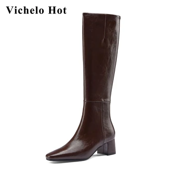 

Vichelo Hot european style winter boots split leather small square toe thick high heel zipper elegant lady knee-high boots L78