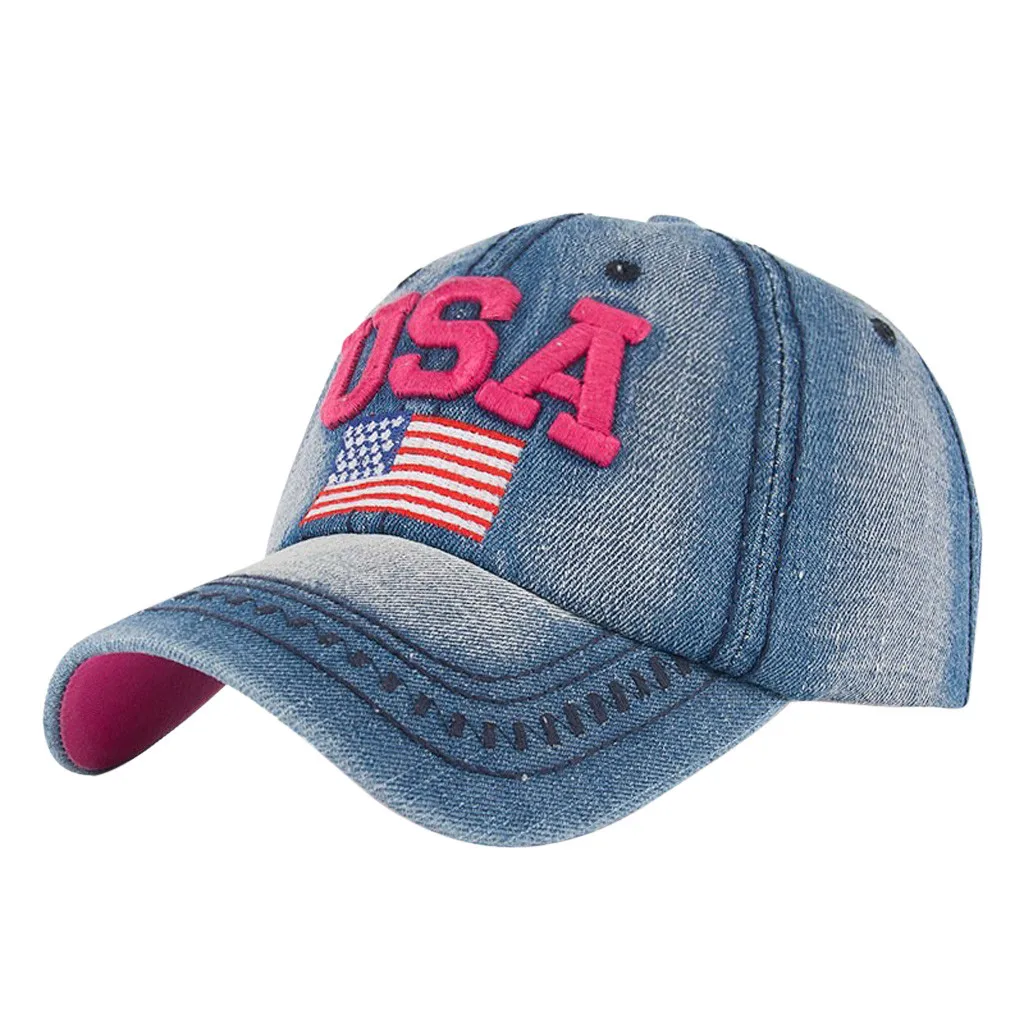 Hot Pink Мужская джинсовая бейсболка с вышитым флагом США, бейсболка s для женщин, Ретро стиль, летняя бейсболка, Кепка в стиле хип-хоп, пара Снэпбэк - Цвет: Hot Pink