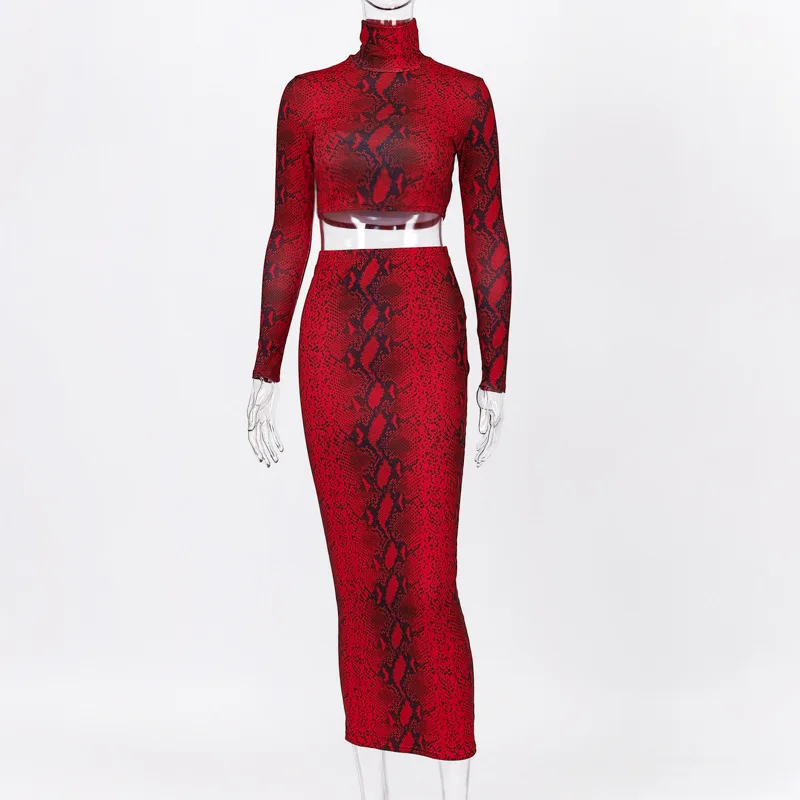 

Long Sleeve Crop Top and Maxi Skirt Set Autumn Street 2020 Fashion Snake Print Two Pieces Sets Womens Clothing Elegant Red Color