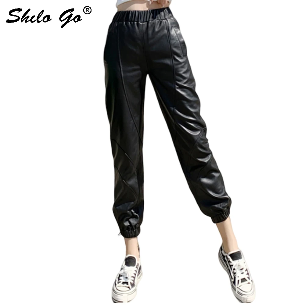 Lederen Broek Zwart Minimalistische Elastische Taille Schapenvacht Harembroek Vrouwen Herfst Winter Casual Hoge Taille Solid Broeken Lederen Broek Zwart Minimalistische Elastische Taille Schapenvacht Harembroek Vrouwen Herfst Winter Casual Hoge Taille Solid Broeken