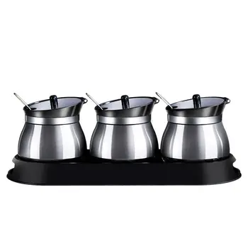 

3-in-1 Glass Seasoning Jar Set Seasoning Bottle Jar Kitchen Supplies Storage Tank Stainless Steel Seasoning Bottle Honey Pots