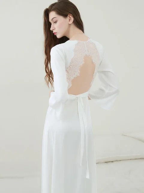 QWEEK Satin Fancy Nightgown Silk Fairy Dress Women Embroidery Lace Sleepwear Vintage Nightie Long Dressing Gown Bride Wedding White