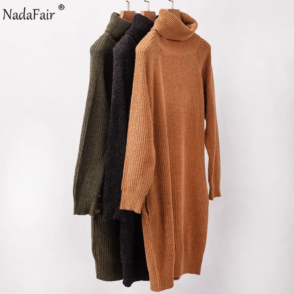 Nadafair, трикотажное платье-свитер, водолазка, Осень-зима, платье для женщин, толстые свободные карманы, повседневный длинный свитер, пуловер, платье