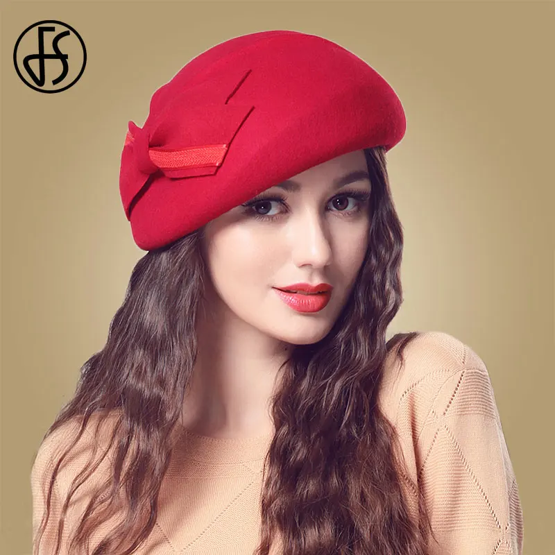 Red Wool Fedora FS черные красные французские шерстяные береты женские фетровые шляпы для церкви винтажная фетровая шляпа осень зима Клош лук Trilby Chapeau Femme шапки - Цвет: Red Wool Fedora