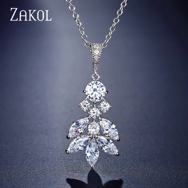White Color ZAKOL Мода AAA кубического циркония лист цепи ожерелье кулон для женщин Кристалл Свадебные вечерние ювелирные изделия на заказ FSNP2089 - Окраска металла: White Color