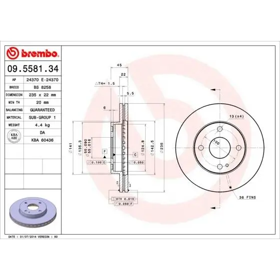 Диск тормозной MAZDA 323 89-04/DEMIO 98- передний BREMBO 09.5581