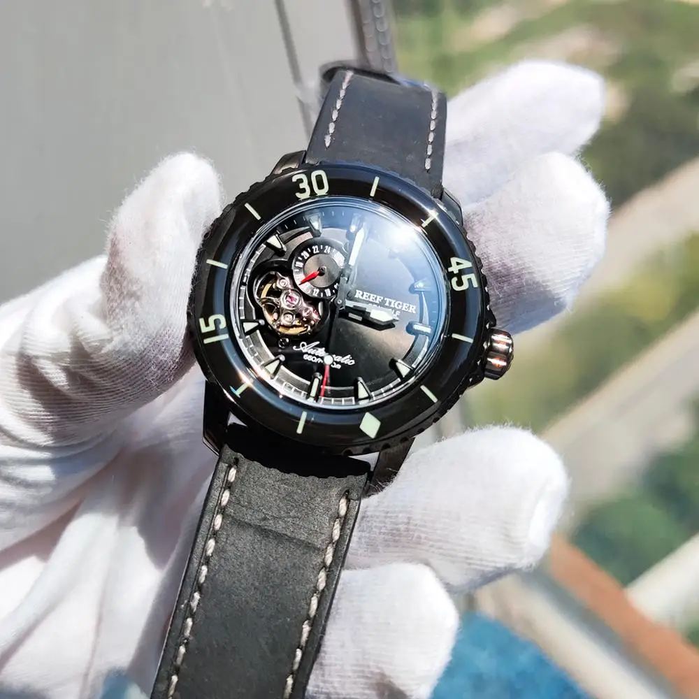 Часы Reef Tiger/RT черные автоматические водонепроницаемые 200 м с нейлоновым ремешком