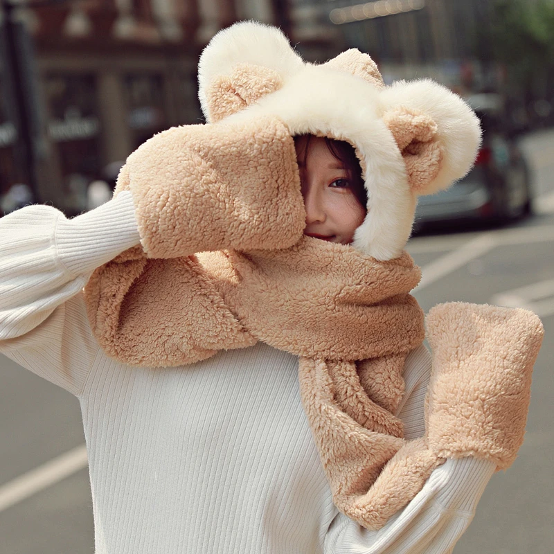 beige-adult Шапки, шарфиковые перчатки, Женская Корейская версия, двухслойная теплая утолщенная Осенняя зимняя шапка, шейный платок с героями мультфильмов для родителей и детей - Цвет: beige-adult