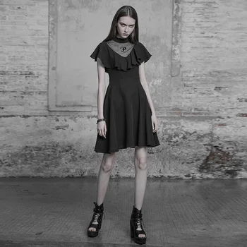 

PUNK RAVE Women's Printing Mosaic Lotus Leaf Waist Chiffon Dress Mesh High-collar Sexy Summer Short Dress