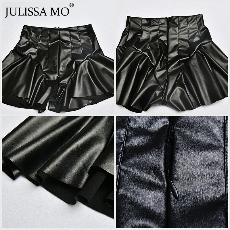 Julissa mo женские шорты с оборками из искусственной кожи зимние сексуальные свободные широкие шорты с высокой талией черные плиссированные вечерние шорты на молнии feminino