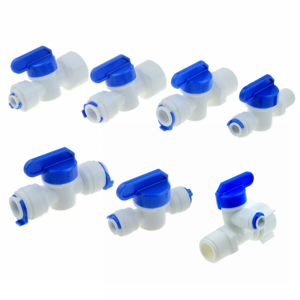 Válvula de bola de plástico para acuario válvula de bola recta de agua RO de 1/4 pulgadas, 3/8 pulgadas, conexión rápida de 1/4 pulgadas, macho, 3/8 pulgadas, hembra