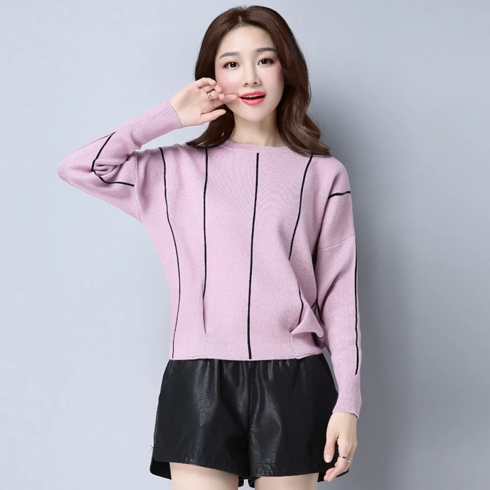 High quality comfortable casual sweater women Korean short O-neck pullover loose bat sleeve knit top fashion striped sweater - Цвет: Pink sweater