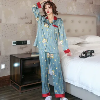 

Spring Women Pajamas Faux Silk Sleepwear Satin Pajamas Set Flower Print Long Sleeve Cardigan Spring Casual Homewear