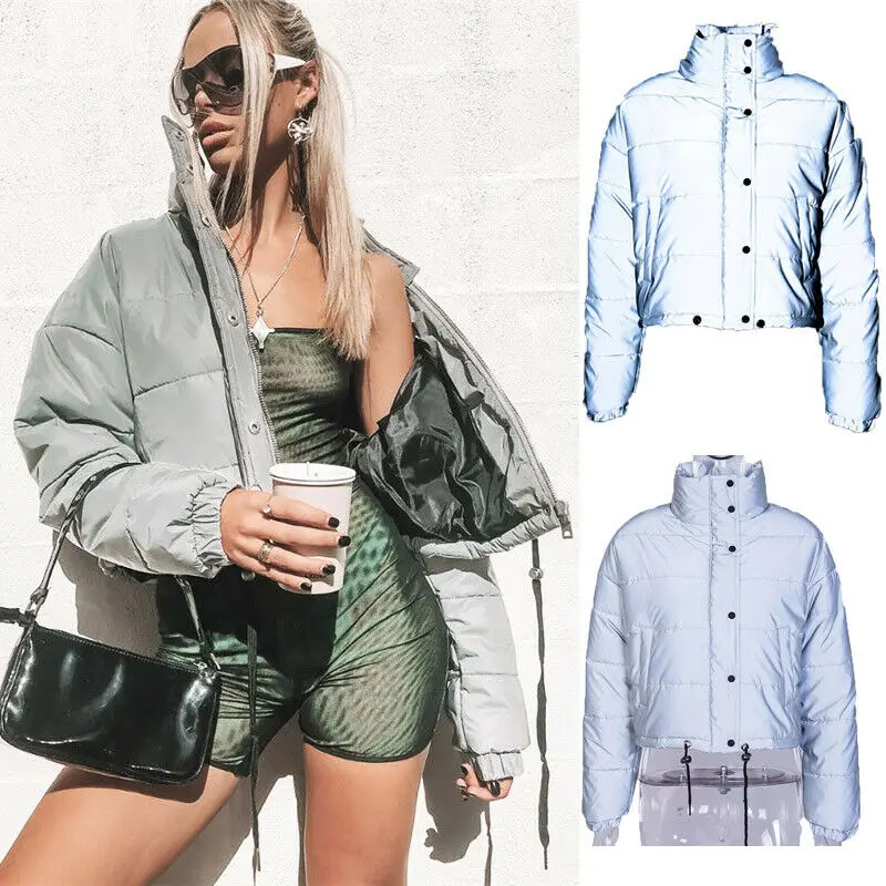 

Women Fashion Reflective Zip Winter Warm Jacket Coat Casual Sport Short Quilted Coat Reflective Cotton Coat