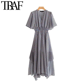 

TRAF Women Chic Fashion Geometric Print Asymmetrical Midi Dress Vintage Short Sleeve Elastic Waist Female Dresses Mujer
