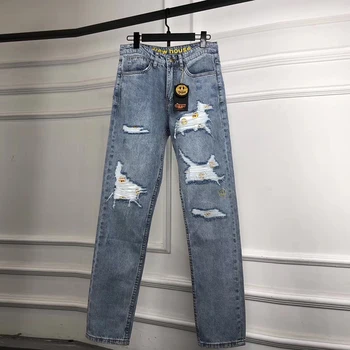 

Drew House Smiley Hole Rmbroidery Ripped Jeans Pants Men and Women casual Straight Loose Denim Trousers Streetwear Oversize Pant