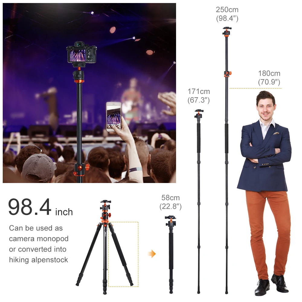 K&F Concept SA254T1 93 Inch  Camera Tripod 4 Section Aluminium Detachable Tripod with 360 Degree Ball Head Quick Release Plate