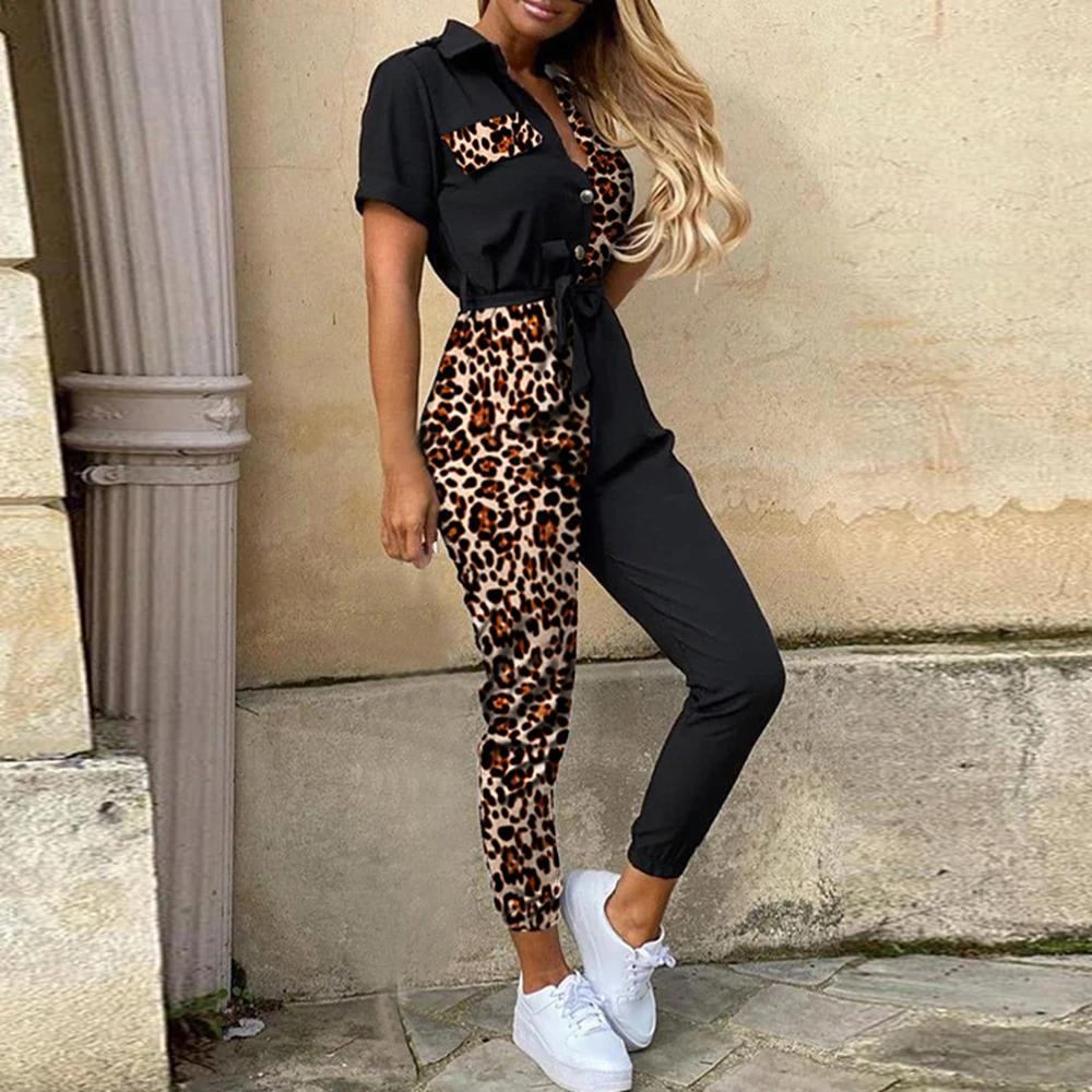 Women Casual solid color Jumpsuit 2020 Summer Deep V Neck Button Shirt Overalls Short Sleeve Office Lady One Piece Romper Belt