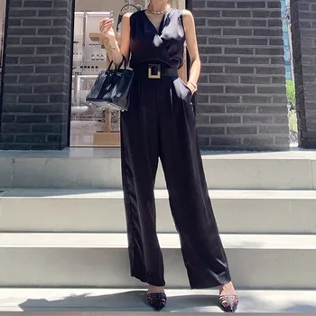 

2020 Summer New Korean Style Slim Jumpsuits For Women V-Neck Sleeveless Pockets Sashes Ladies Wide Leg Long Rompers Hot Y472