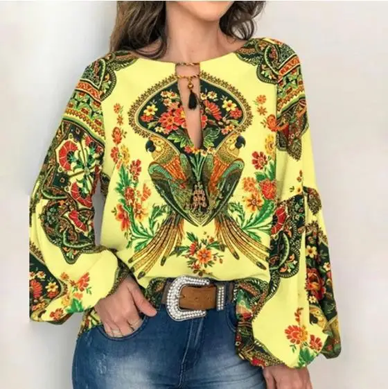 Boho блузка с цветочным принтом, рубашка с рукавами-фонариками, сексуальные кружевные женские топы с круглым вырезом, весенне-летние шикарные блузки 5XL