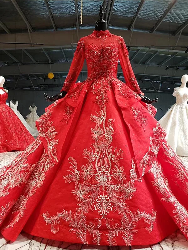 HTL1016 Красные Свадебные платья бальное платье с аппликацией и высоким воротом с длинным рукавом мусульманское свадебное платье с длинным шлейфом vestido noiva - Цвет: as picture