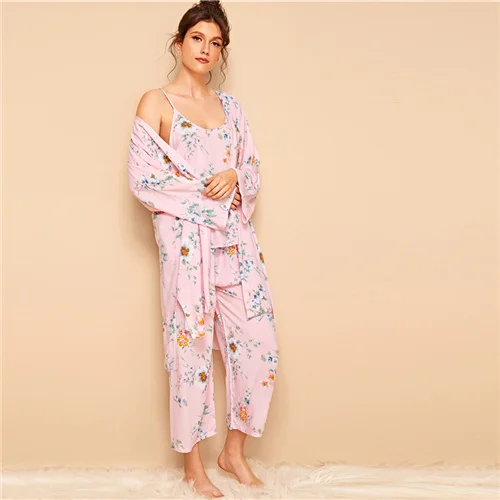 Розовый SHEIN цветочный принт Cami пижамный комплект с халатиком для женщин Летняя повседневная одежда для сна Спагетти ремень с длинным рукавом поясом женский халат - Цвет: Розовый
