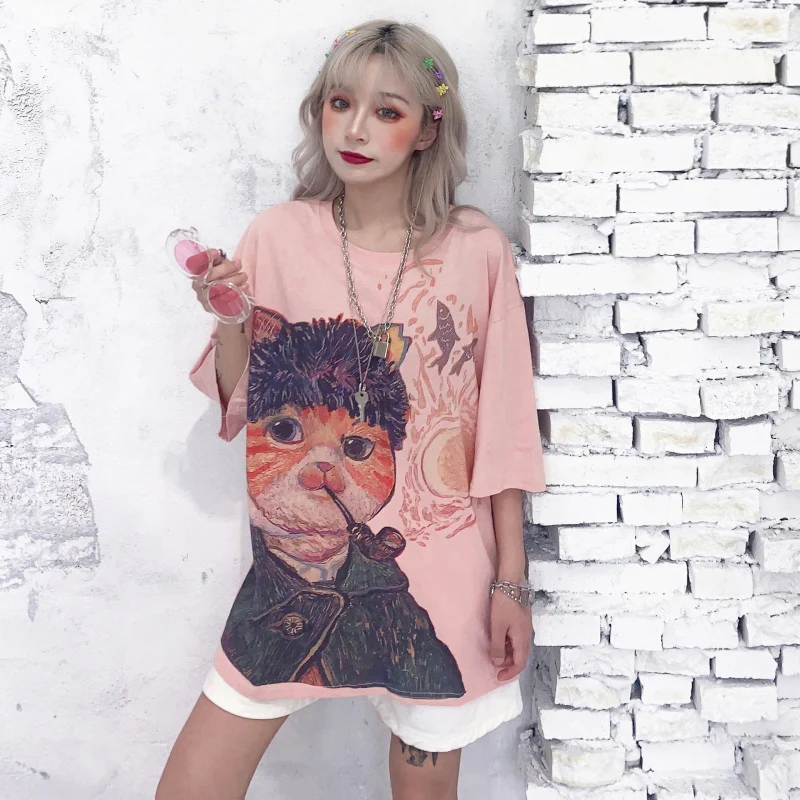 

Harajuku Style Japanese Women Cartoon T Shirts Oversize Short Sleeves Hip Hop Streetwear White Tees Kawaii Cute Cotton Tops