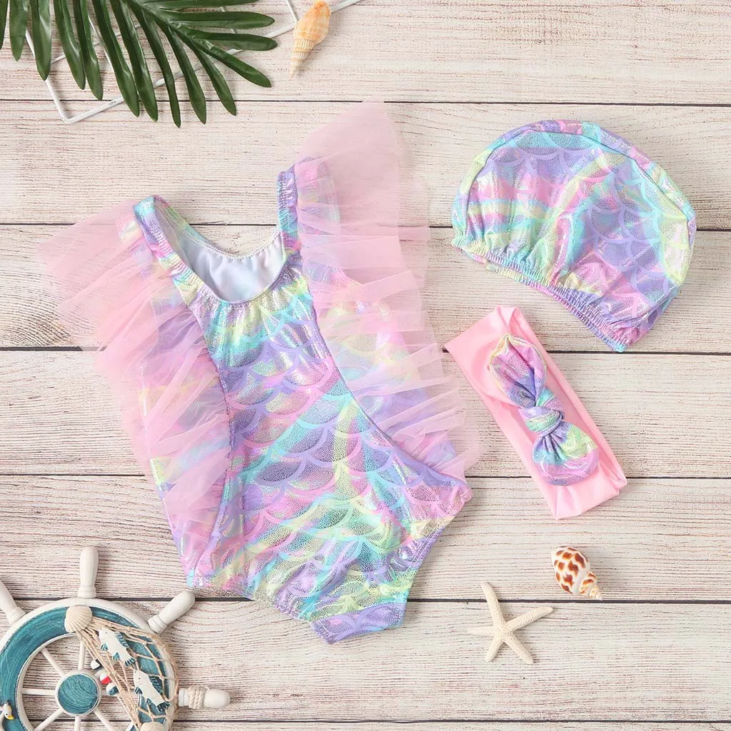 

Child Little Girl Flying Sleeve Mesh Frill Sequins Fish Scales One-Piece Swimsuit Swimsuit купальник