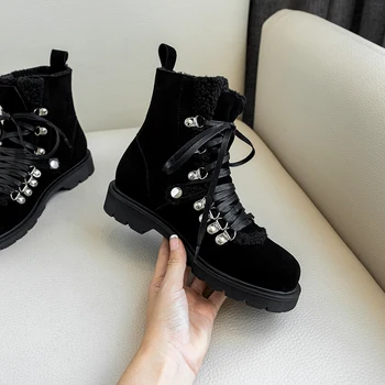 

INS hot Winter boots women shoes genuine leather ankle boots plus size 22-26.5cm Cow suede fashion snow boots velvet warm