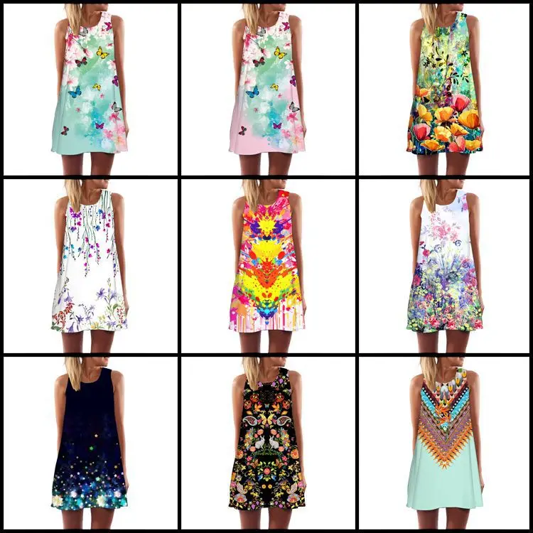 

2019 Amazon Europe And America New Style Digital Printing Crew Neck off-Shoulder Sleeveless Vest Big Hemline Loose-Fit Medium-le