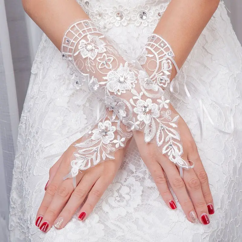 Женские Свадебные короткие перчатки без пальцев, имитация жемчуга, стразы, ювелирные изделия, вышивка, цветочные кружева, для выпускного вечера, костюм