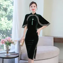 Осеннее и зимнее женское платье, стиль, шаль с вышивкой, приталенное длинное бархатное платье, китайский стиль, улучшенное платье чонсам