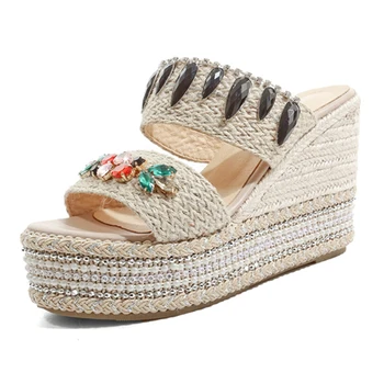 

2020 Summer Women Sandals Crystal 10.5cm High Heels 4cm Platform Wedges Slides Lady Heels Slippers Beach Dress Chunky Prom Shoes