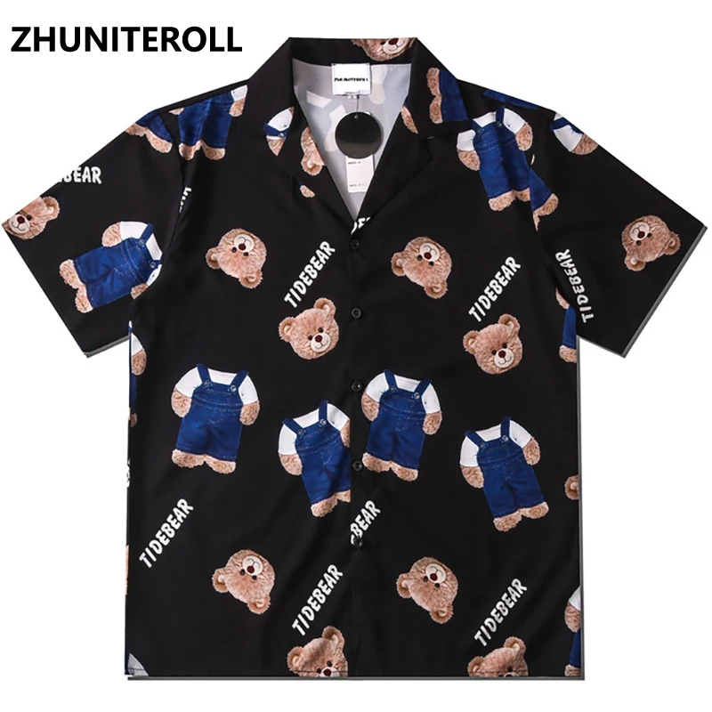 

2021 Summer Hip Hop Cartoon Bear Print Hawaiian Shirts Men Hipster Fashion Casual Short Sleeve Button Down Shirt Tops Streetwear