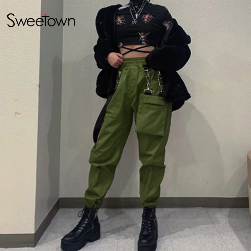 green Sweetown новые модные уличные брюки женские эластичные брюки с высокой талией панковские готические мешковатые брюки карго - Цвет: green
