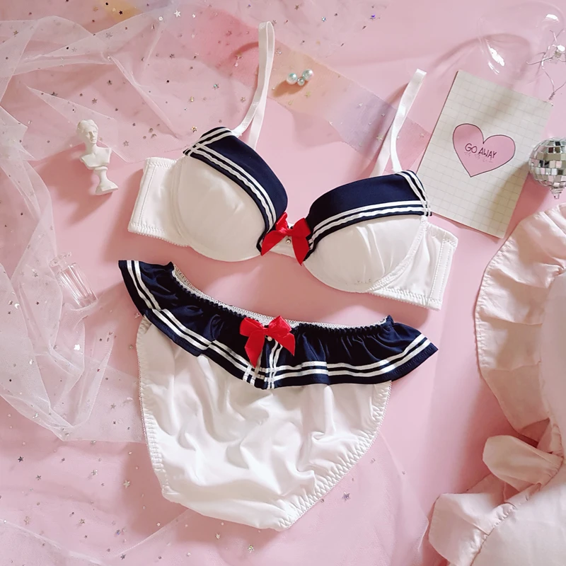 Navy White Высокое качество, японский Сейлор Мун, мягкое нижнее белье, милая девушка, девочка, маленькая грудь, стальное кольцо, комплект с бюстгальтером, темно-синий цвет - Цвет: Navy White