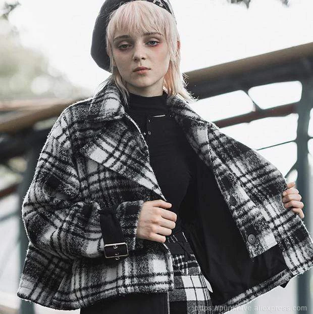 Панк RAVE девушки Turn-Down воротник черный и белый плед Wollen короткое пальто Harajuku Женская куртка